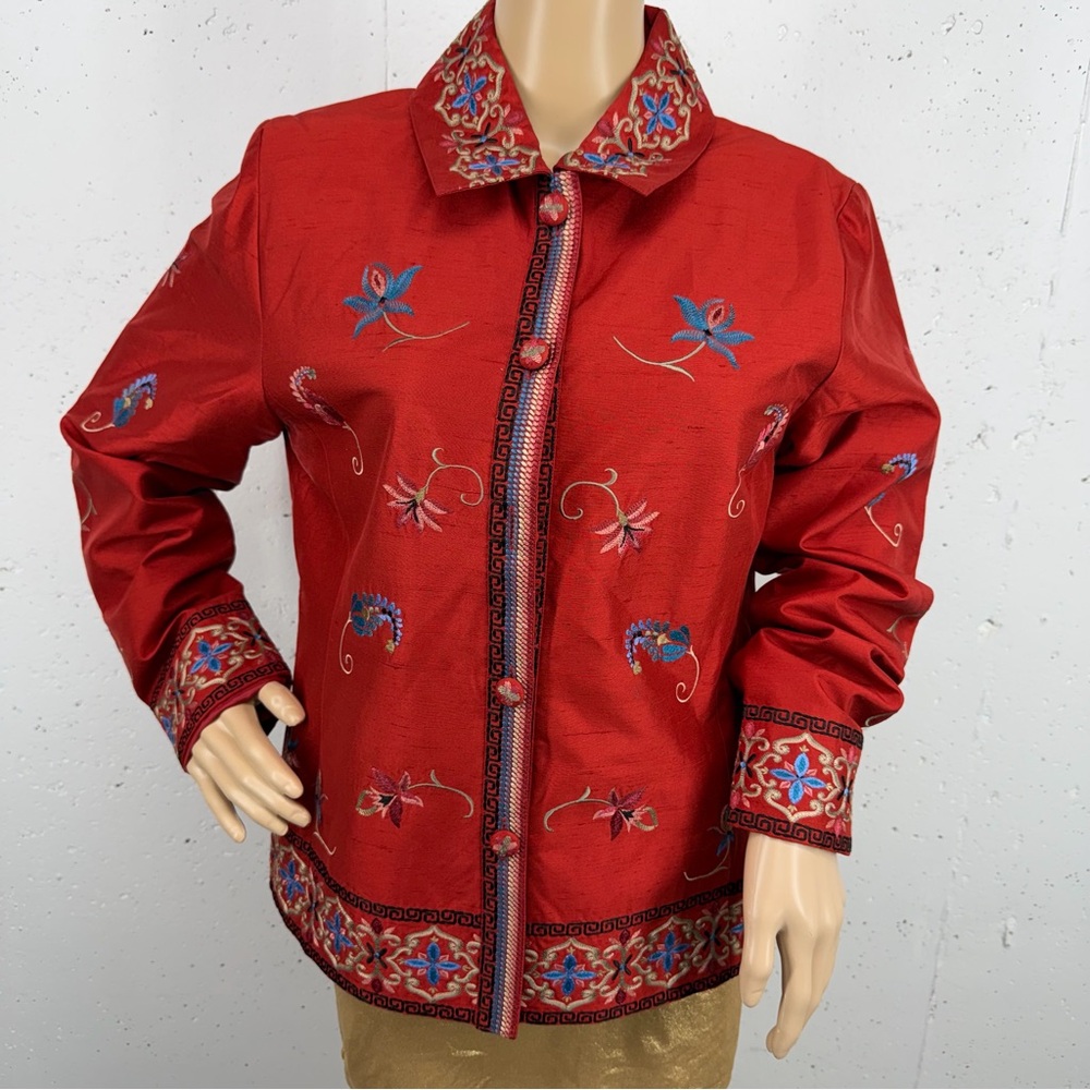 Icelandic Design Women’s Size Medium Red Silk Embroidered Blazer Jacket